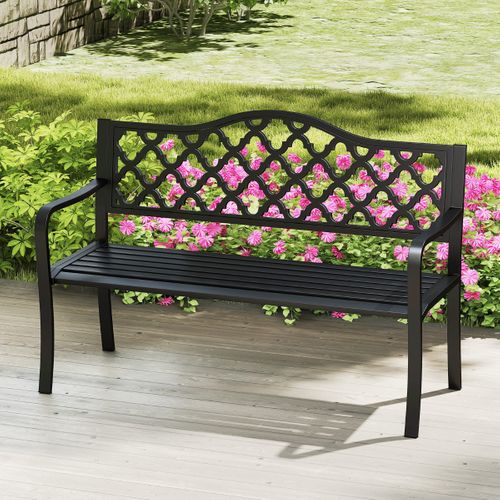 Banc De Jardin De 128cm En Métal Assise En Lattes Pour 2 à 3 personnes Avec Accoudoirs Incurvés