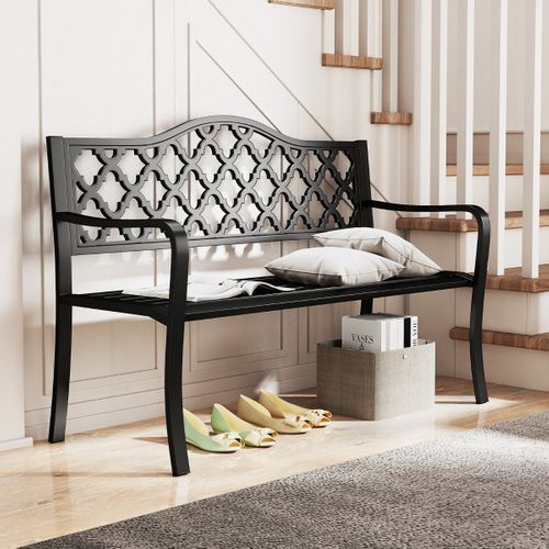 Banc De Jardin De 128cm En Métal Assise En Lattes Pour 2 à 3 personnes Avec Accoudoirs Incurvés