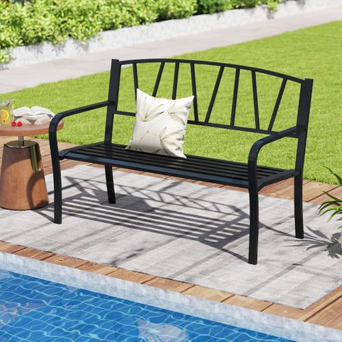 Banc De Jardin En Métal 128cm Banc Moderne Avec Lattes Pour 2-3 Personnes Accoudoirs Incurvés