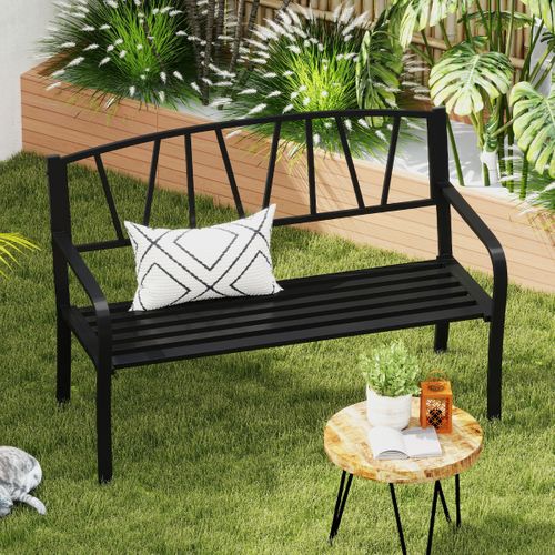 Banc De Jardin En Métal 128cm Banc Moderne Avec Lattes Pour 2-3 Personnes Accoudoirs Incurvés