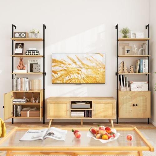 Bibliothèque à 3 Niveaux Avec Armoire En Rotin Bibliothèque Murale Échelle De 184cm Naturel