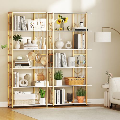 Bibliothèque à 6 Étagères Étagère Moderne Géométrique Avec Cadre Métallique Résistant Blanc