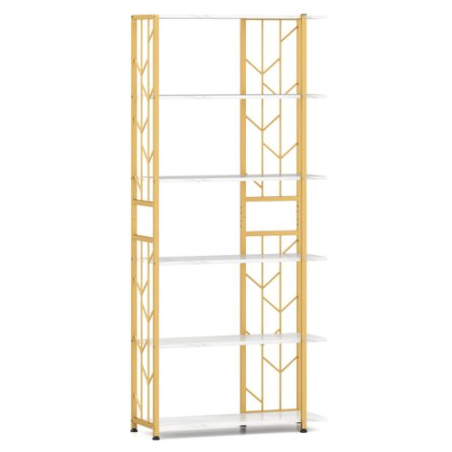 Bibliothèque à 6 Étagères Étagère Moderne Géométrique Avec Cadre Métallique Résistant Blanc