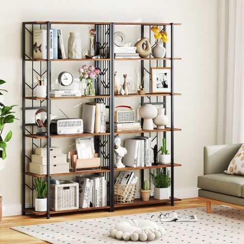 Bibliothèque à 6 Étagères Étagère Moderne Géométrique Avec Cadre Métallique Résistant Marron