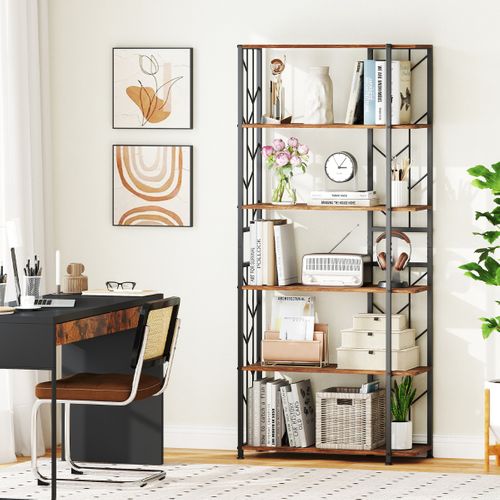 Bibliothèque à 6 Étagères Étagère Moderne Géométrique Avec Cadre Métallique Résistant Marron