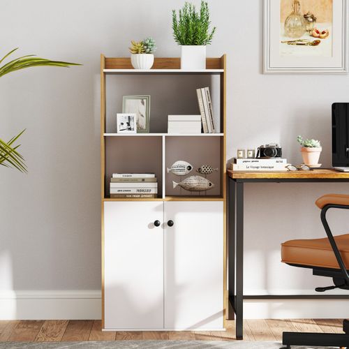 Bibliothèque Avec Armoire à Double Porte Etagère Haute à 3 Niveaux Cubes Moderne 60x30x140cm