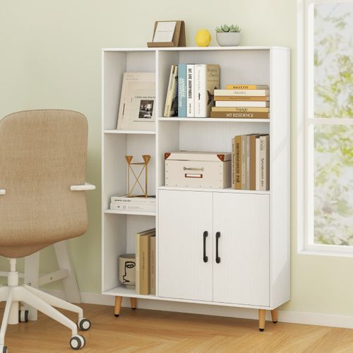 Bibliothèque Avec Portes Doubles Et 5 Compartiments Ouverts Et Armoire De Rangement Blanc