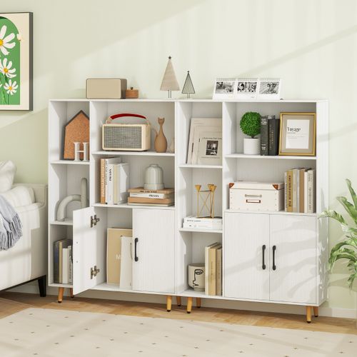 Bibliothèque Avec Portes Doubles Et 5 Compartiments Ouverts Et Armoire De Rangement Blanc