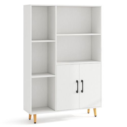 Bibliothèque Avec Portes Doubles Et 5 Compartiments Ouverts Et Armoire De Rangement Blanc