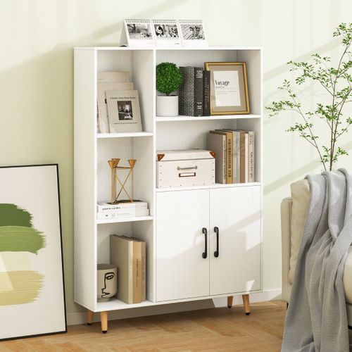 Bibliothèque Avec Portes Doubles Et 5 Compartiments Ouverts Et Armoire De Rangement Blanc