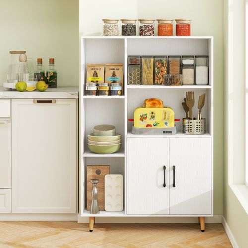 Bibliothèque Avec Portes Doubles Et 5 Compartiments Ouverts Et Armoire De Rangement Blanc