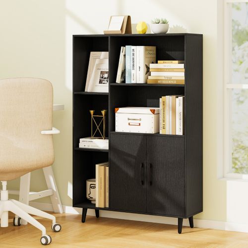 Bibliothèque Avec Portes Doubles Et 5 Compartiments Ouverts Et Armoire De Rangement Noir