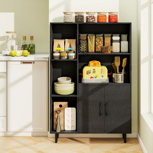 Bibliothèque Avec Portes Doubles Et 5 Compartiments Ouverts Et Armoire De Rangement Noir