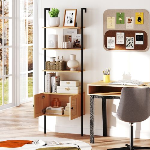 Bibliothèque Échelle à 5 Niveaux Avec Cabinet En Rotin Étagère Murale De 184cm Naturel