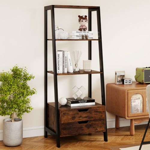 Bibliothèque Échelle Bibliothèque D'exposition Autoportante Avec 2 Tiroirs Marron Rustique