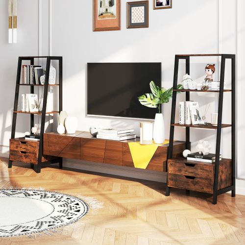 Bibliothèque Échelle Bibliothèque D'exposition Autoportante Avec 2 Tiroirs Marron Rustique