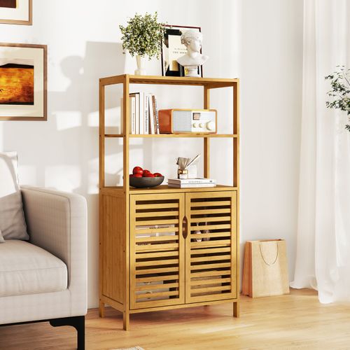 Bibliothèque Bambou Avec 2 Portes Meuble De Rangement à 4 Niveaux 60x33x116cm Naturel