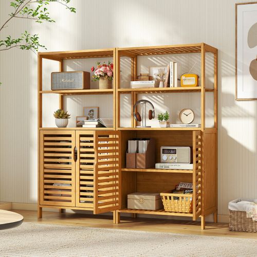 Bibliothèque Bambou Avec 2 Portes Meuble De Rangement à 4 Niveaux 60x33x116cm Naturel