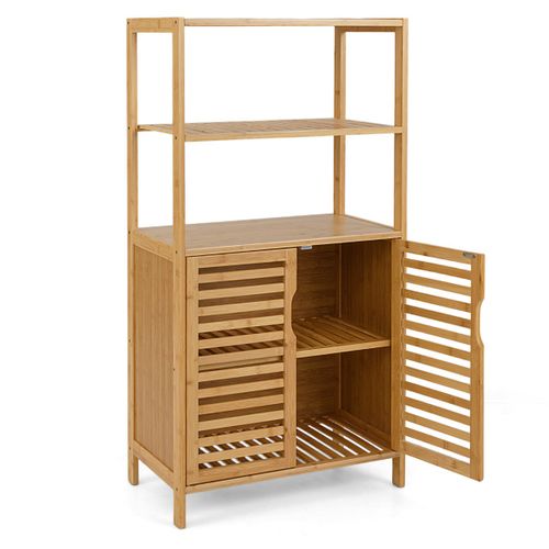 Bibliothèque Bambou Avec 2 Portes Meuble De Rangement à 4 Niveaux 60x33x116cm Naturel