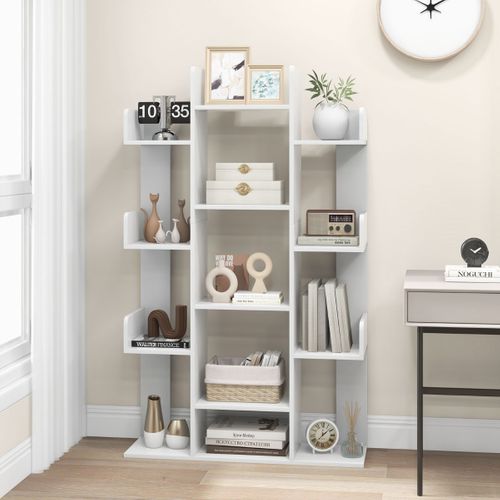 Bibliothèque En Forme D'arbre De 141cm 13 Étagères Ouvertes Organisateur De Rangement Blanc