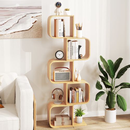 Bibliothèque à 5 Niveaux Etagère En Bambou Avec 5 Cubes Etagère D'angle Géométrique Naturel