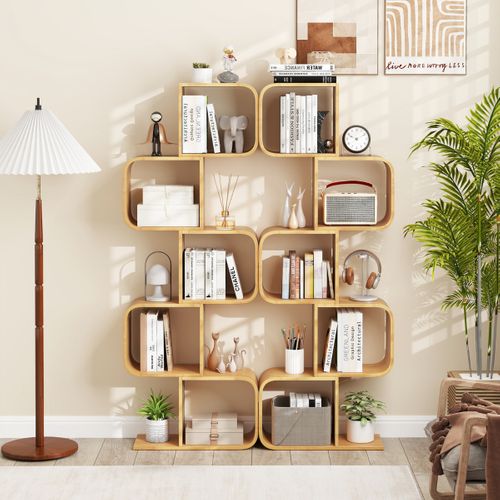 Bibliothèque à 5 Niveaux Etagère En Bambou Avec 5 Cubes Etagère D'angle Géométrique Naturel