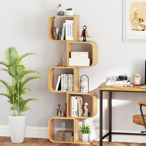 Bibliothèque à 5 Niveaux Etagère En Bambou Avec 5 Cubes Etagère D'angle Géométrique Naturel