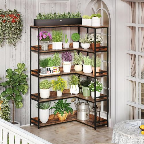 Bibliothèque En L à 5 Niveaux Bibliothèque D'angle Étagère 180cm Avec Cadre En Métal Brun