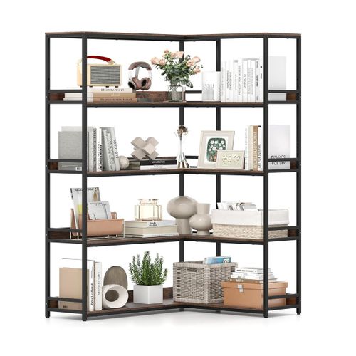 Bibliothèque En L à 5 Niveaux Bibliothèque D'angle Étagère 180cm Avec Cadre En Métal Brun