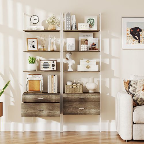 Bibliothèque Étagère à 6 Niveaux Avec 2 Tiroirs 184cm Murale Meuble De Rangement Moderne Gris