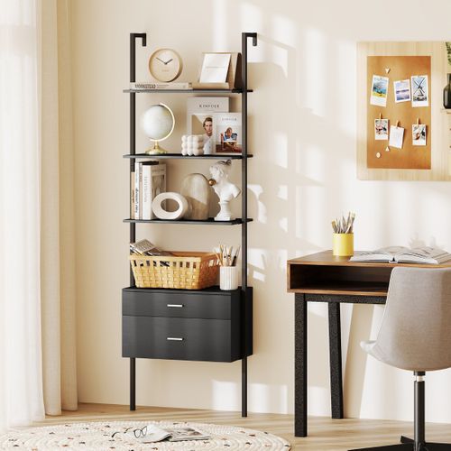 Bibliothèque Étagère à 6 Niveaux Avec 2 Tiroirs 184cm Murale Meuble De Rangement Moderne Noir
