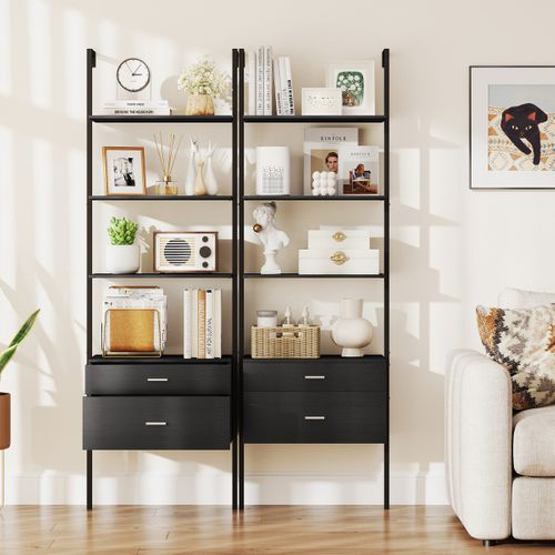 Bibliothèque Étagère à 6 Niveaux Avec 2 Tiroirs 184cm Murale Meuble De Rangement Moderne Noir