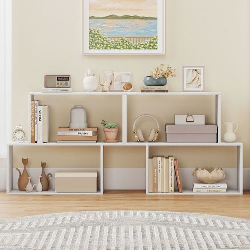 Bibliothèque Géométrique à 3 Niveaux  Étagère De Rangement Bois Autoportante 80x22x70cm Blanc