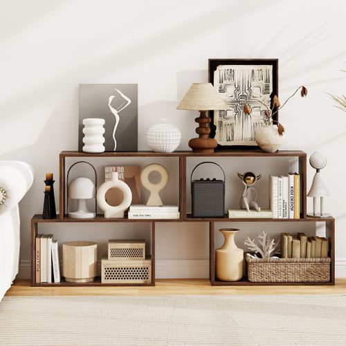 Bibliothèque Géométrique à 3 Niveaux Étagère De Rangement Bois Autoportante 80x22x70cm Café