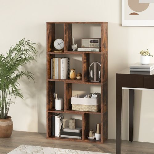 Bibliothèque Géométrique à 4 Niveaux Etagères De Rangement Moderne à 8 Cases 60x20x120cm Café