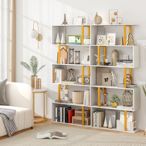 Bibliothèque Géométrique à 5 Niveaux Etagère De Rangement Cadre En Métal 70 X 24 X 157 Cm Blanc