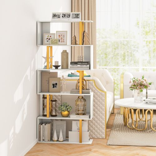 Bibliothèque Géométrique à 5 Niveaux Etagère De Rangement Cadre En Métal 70 X 24 X 157 Cm Blanc