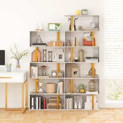 Bibliothèque Géométrique à 5 Niveaux Etagère De Rangement Cadre En Métal 70 X 24 X 157 Cm Blanc