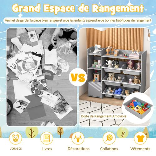 Bibliothèque Pour Enfants 8 Bacs Organisateur De Rangement Avec 1 Porte 112,5x30x100cm Gris