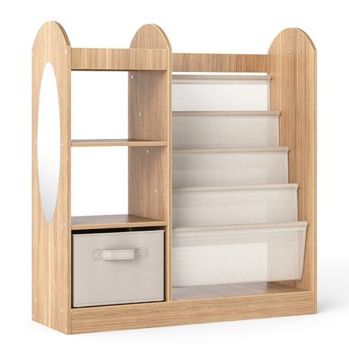 Bibliothèque Enfants Avec Miroir Pleine Longueur Étagères En Tissu à 4 Niveaux Tiroir Naturel