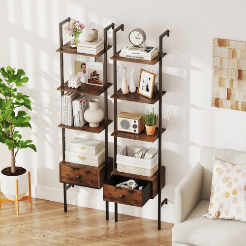 Bibliothèque Échelle à 5 Niveaux Avec Tiroir Bibliothèque Murale Cadre Métallique Marron Rustique