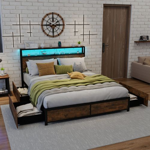 Lit Double Cadre De Lit LED Avec Station De Charge 4 Tiroirs Tête De Lit 160x200cm Marron Rustique