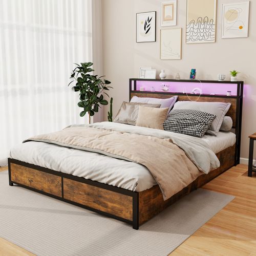 Lit Double Cadre De Lit LED Avec Station De Charge 4 Tiroirs Tête De Lit 160x200cm Marron Rustique