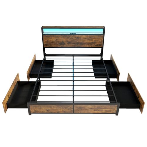 Lit Double Cadre De Lit LED Avec Station De Charge 4 Tiroirs Tête De Lit 160x200cm Marron Rustique