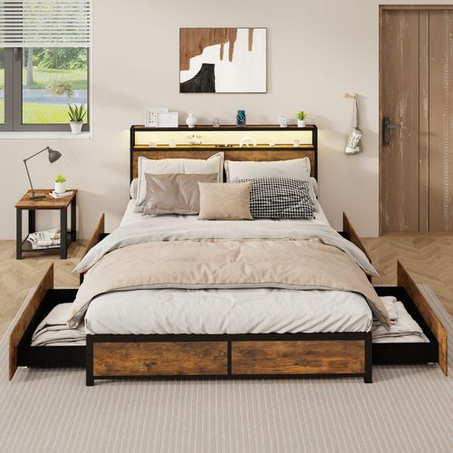 Lit Double Cadre De Lit LED Avec Station De Charge 4 Tiroirs Tête De Lit 160x200cm Marron Rustique