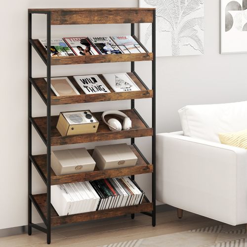 Étagère à 6 Niveaux Autoportante Inclinée Avec Cadre Métallique Robuste En Bois Café