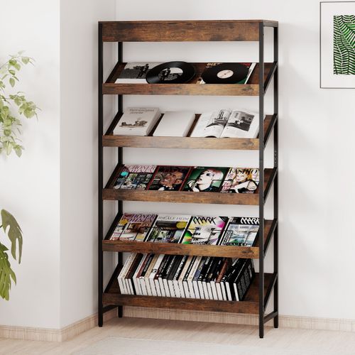 Étagère à 6 Niveaux Autoportante Inclinée Avec Cadre Métallique Robuste En Bois Café