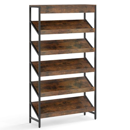 Étagère à 6 Niveaux Autoportante Inclinée Avec Cadre Métallique Robuste En Bois Café
