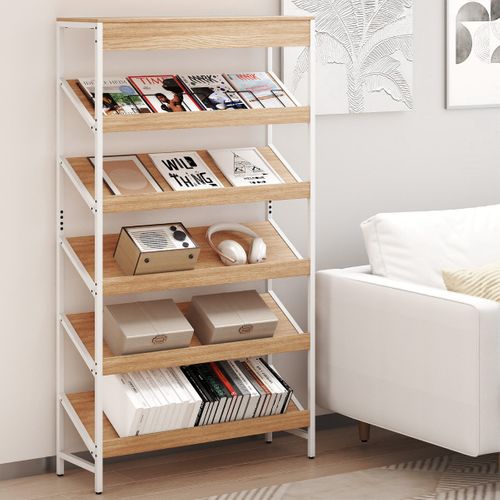 Étagère à 6 Niveaux Autoportante Inclinée Avec Cadre Métallique Robuste En Bois Naturel