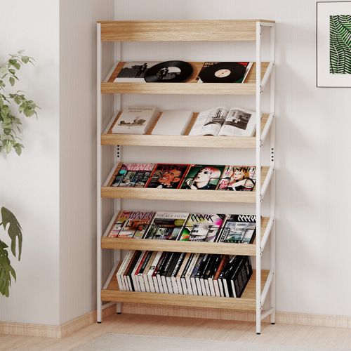 Étagère à 6 Niveaux Autoportante Inclinée Avec Cadre Métallique Robuste En Bois Naturel